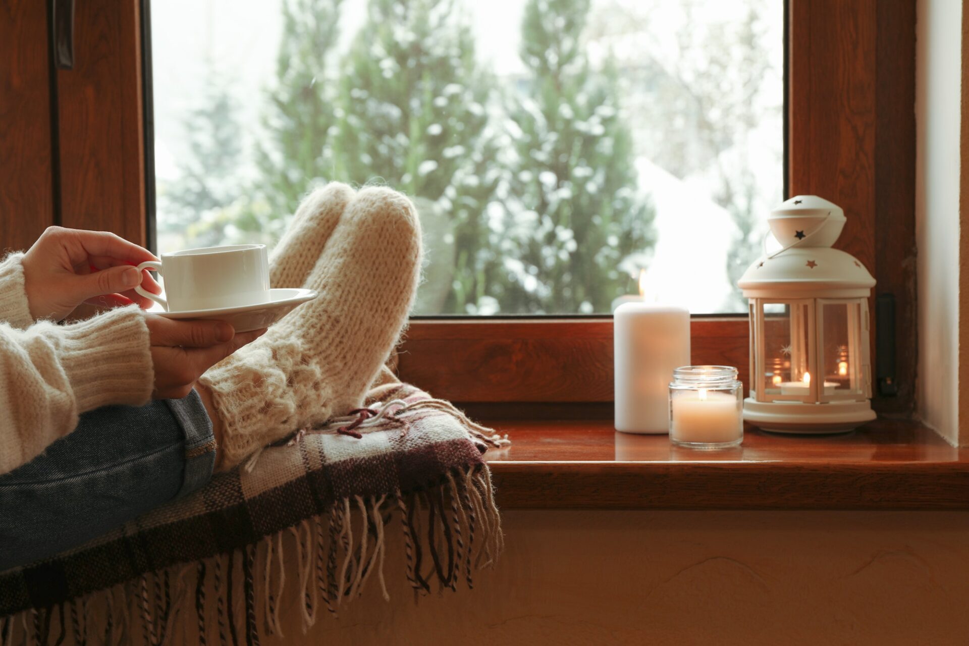 Composition of cozy winter day on wooden windowsill